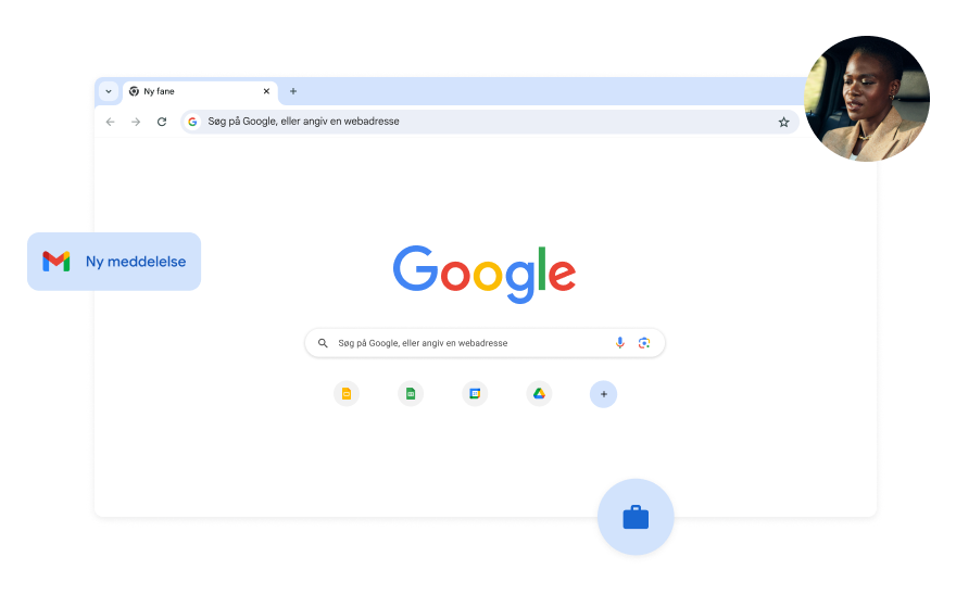 Baggrunden på Google Søgning-siden er hvid. Der er et billede af en kvinde i et af hjørnerne.