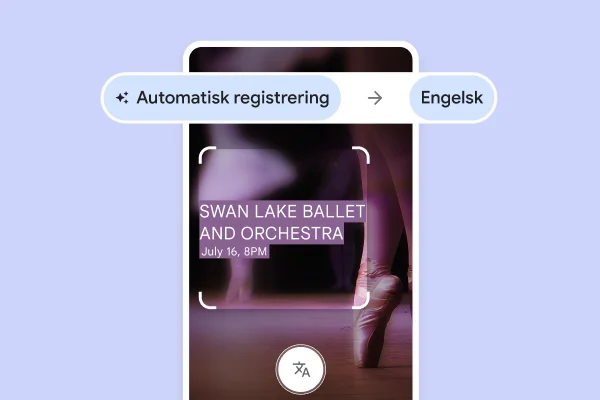 Et website med balletsko 'en pointe' med oversat tekst om en forestilling, balletten Svanesøen, der finder sted den 16. juli kl. 20.