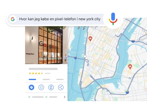 En stemmesøgning efter 'Hvor kan jeg købe en Pixel-telefon i NYC' viser et resultat med en Google Store i NYC.