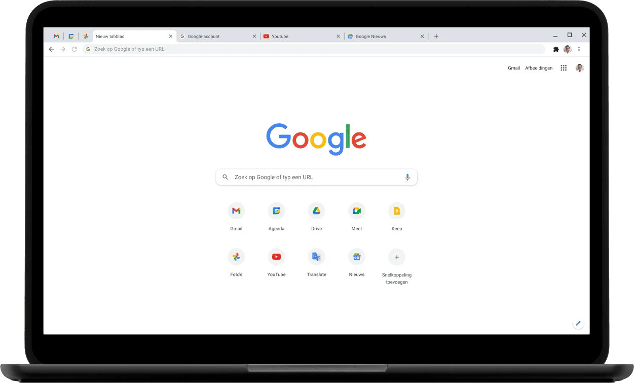 Linkerhoek van een Pixelbook-laptop met een scherm waarop je Google.com ziet.