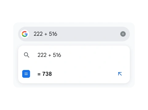 En søgning efter 222 + 516 viser resultatet 738.